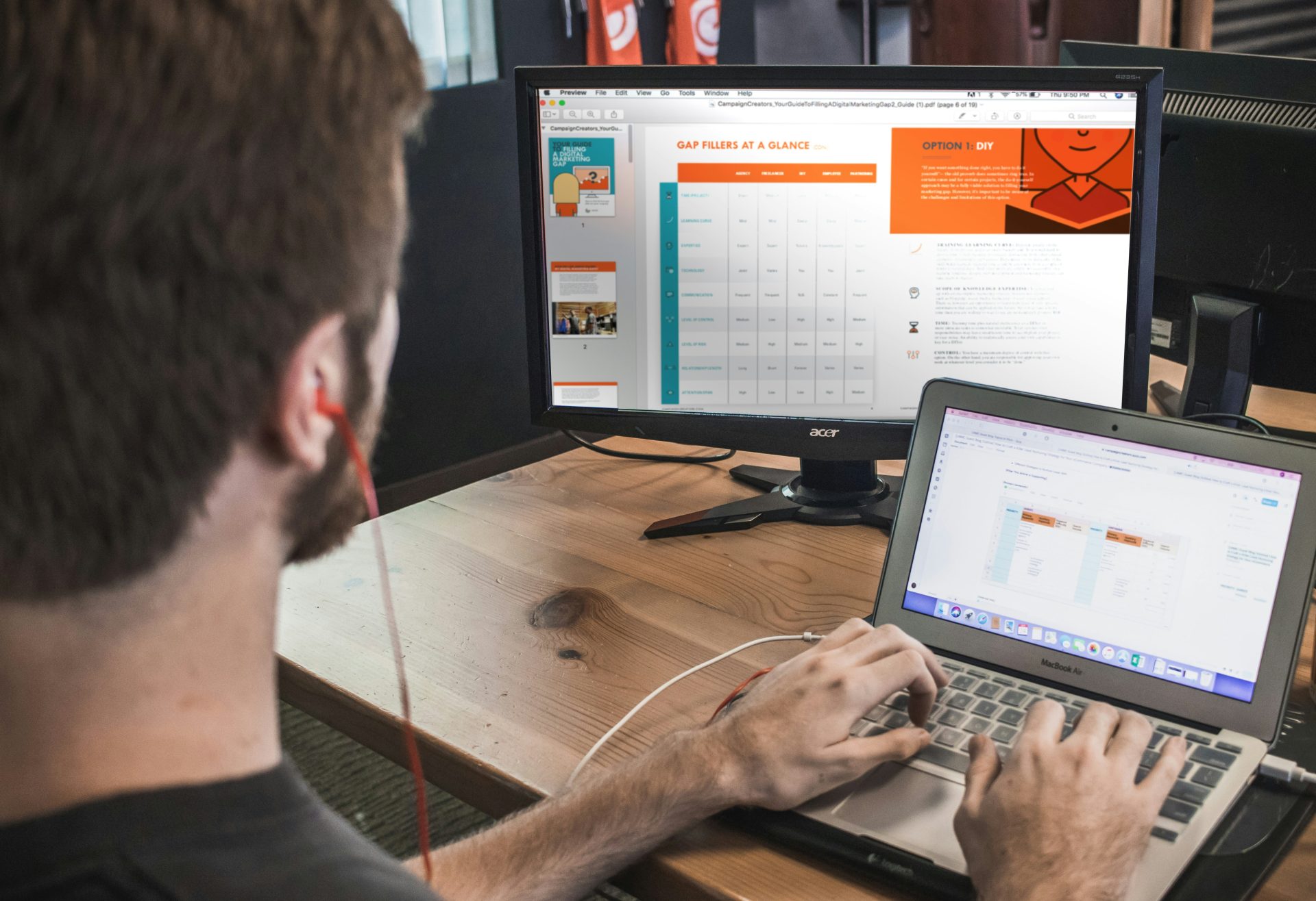 Managing content on dual screens for productivity.